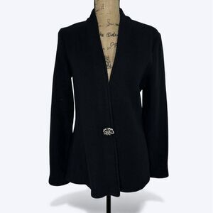 JM Collection Black Wool Cardigan Sweater Sz M Rhinestone Snap Minimalist Party